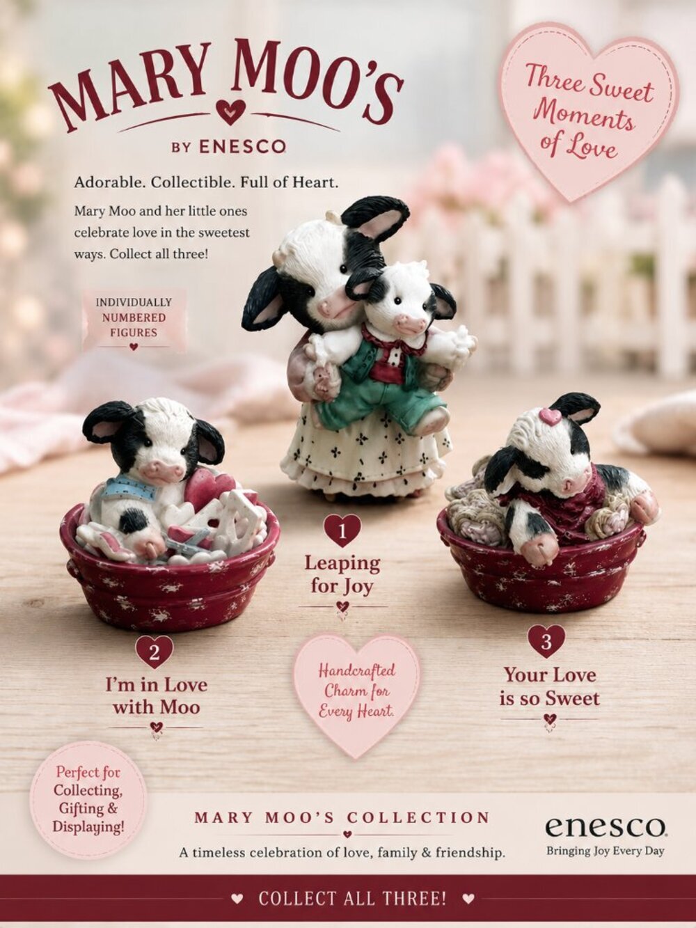 Enesco Mary Moo's 3 Figure Lot Love Collection Leaping Joy Sweet Collectible